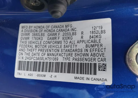 2020 Honda Civic Si Coupe z USA, uszkodzony, nr VIN 2HGFC3A5XLH751069